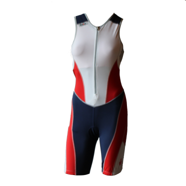 Ironman trisuit front zip mouwloos bodysuit wit/blauw/rood dames 